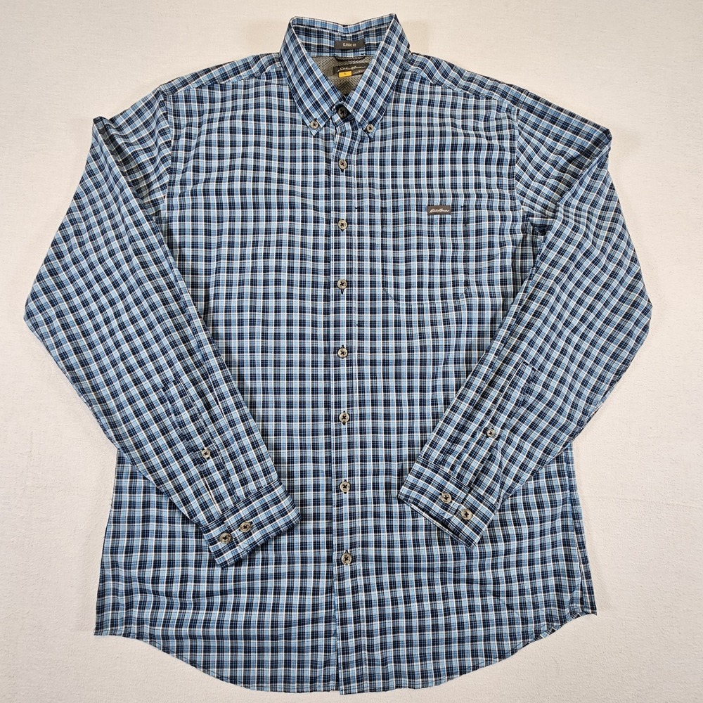 Eddie Bauer Shirt‎ Mens TL Long Sleeve Button Light Blue Plaid Outdoor Hiking - Picture 2 of 10